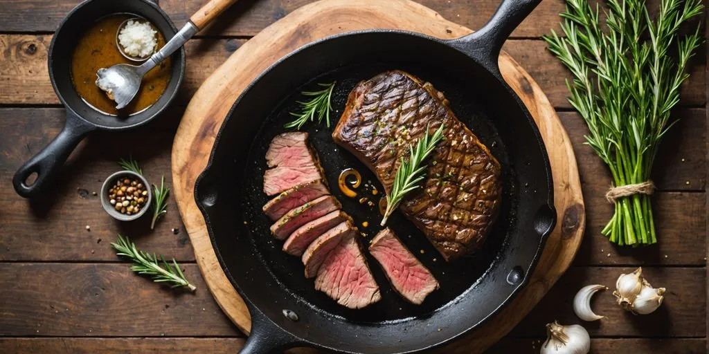 Cast iron skillet with seared steak and rosemary