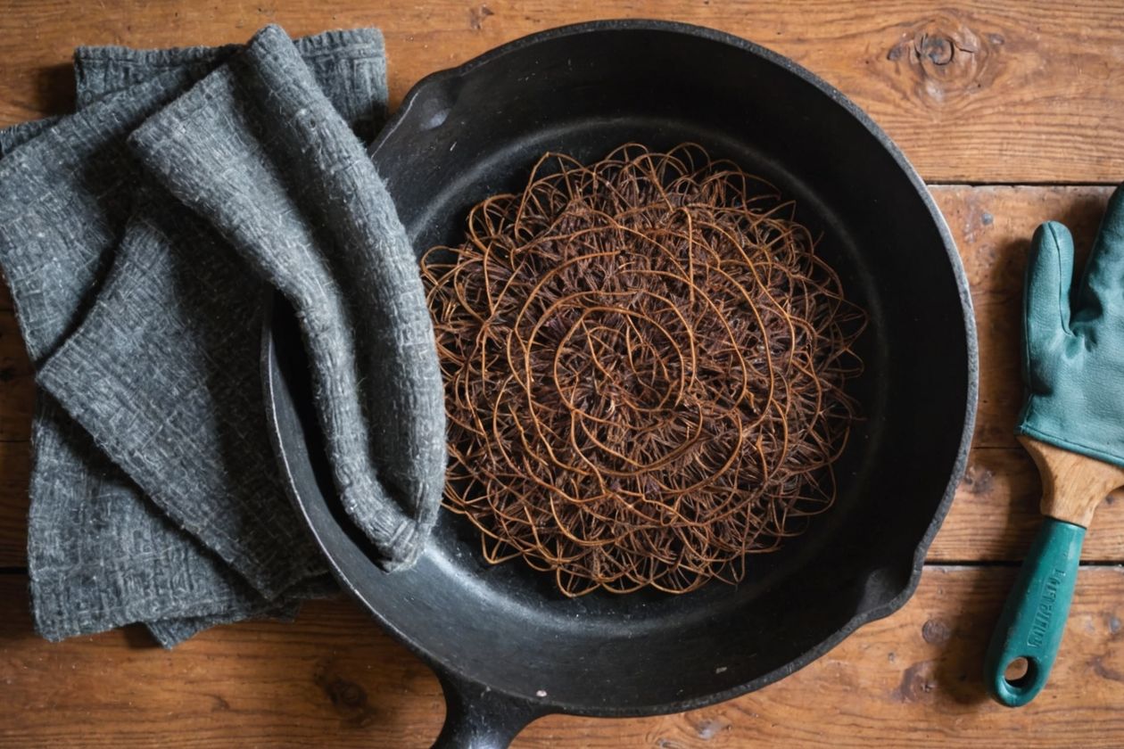 Rusty cast iron skillet with cleaning tools