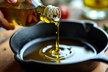 Olive oil pouring into cast iron skillet