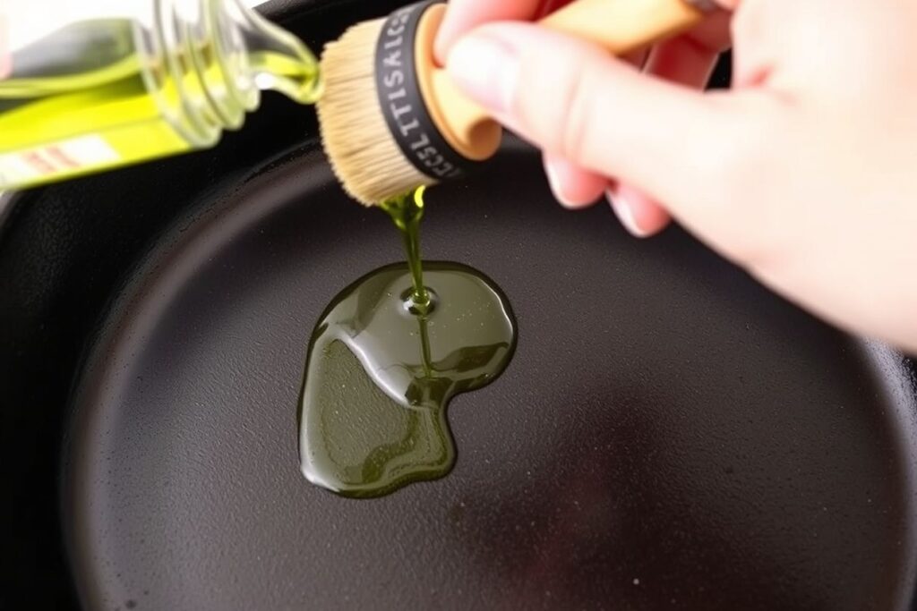 Seasoning cast iron skillet with olive oil