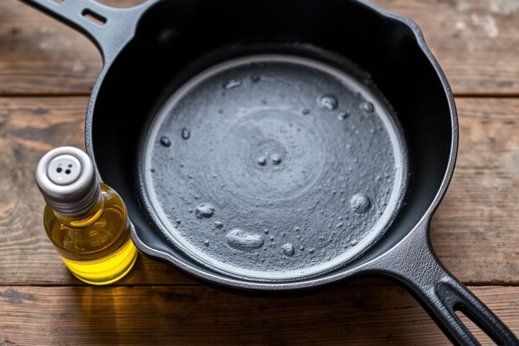 Cast ironskillet with olive oil bottle