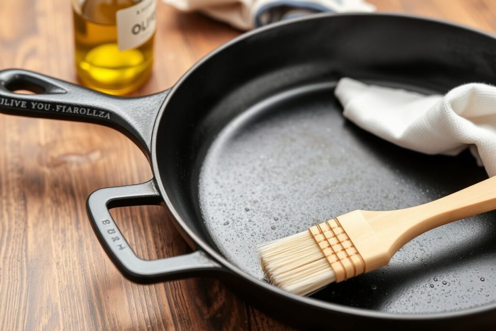 Cast iron skillet with olive oil and brush