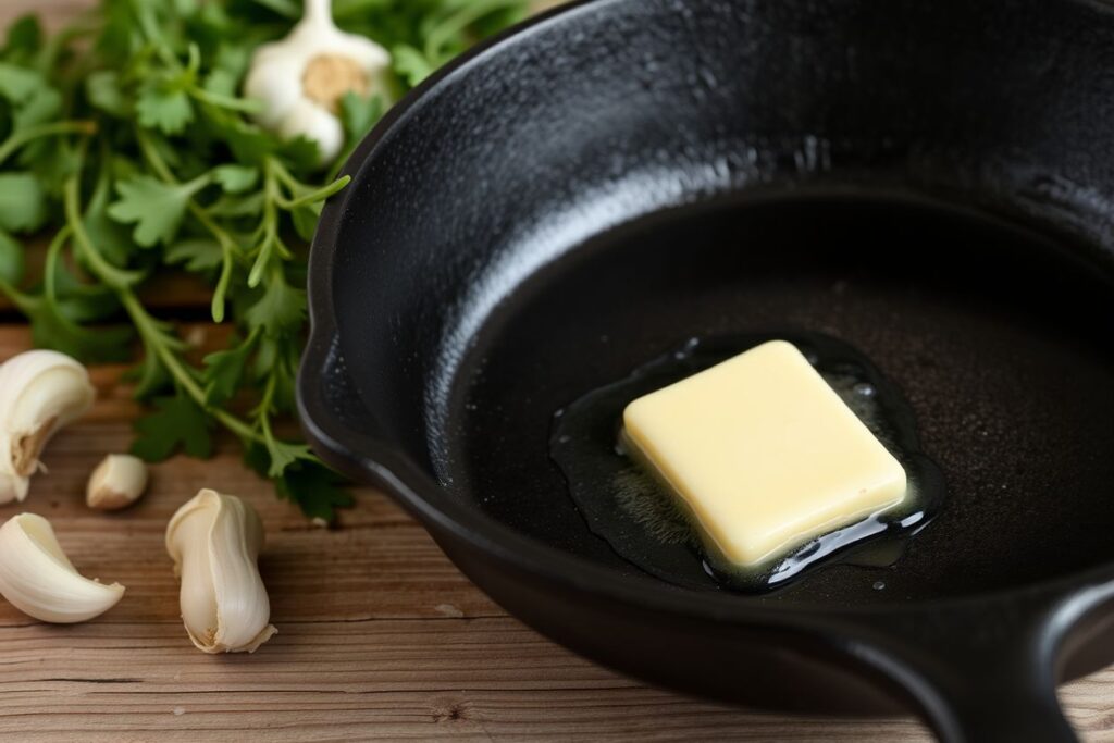 Butter melting in cast iron skillet with herbs