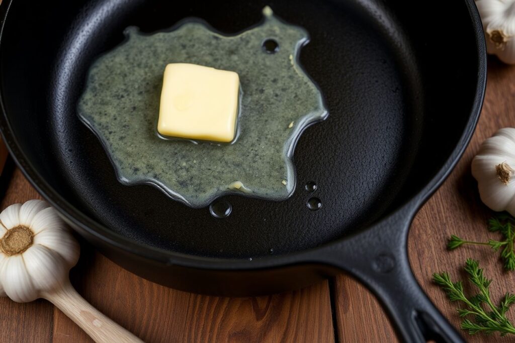 Butter melting in cast iron skillet with herbs