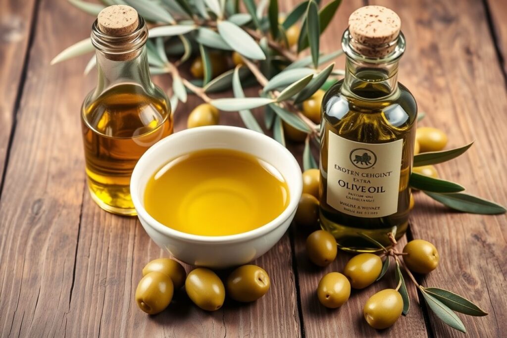 Extra virgin olive oil with fresh olives