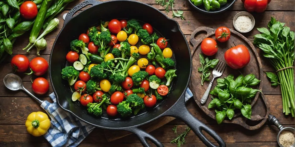 Seasoned cast iron skillet with vegetables and herbs