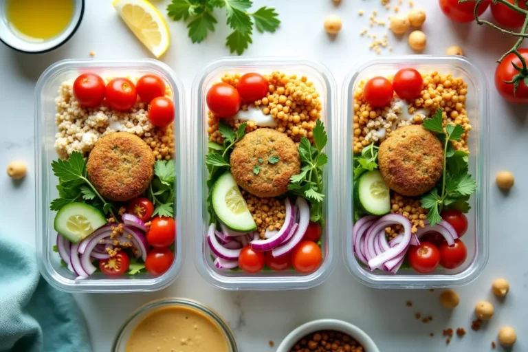 Three meal prep containers filled with vibrant Mediterranean falafel bowls. Each container contains a crispy falafel patty, cherry tomatoes, red onion slices, cucumber, fresh parsley, and couscous or a grain blend. Lemon slices, parsley sprigs, and a small bowl of tahini sauce are visible around the containers, giving the scene a fresh and appetizing look. The bright colors and healthy ingredients make the meal prep visually appealing and nutritious