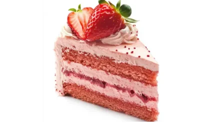 A slice of strawberry layer cake with creamy pink frosting, topped with a fresh strawberry cut in half, on a white background.