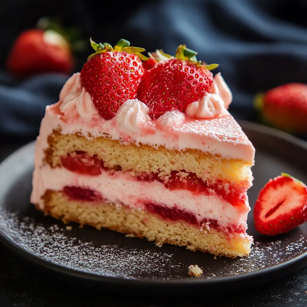 A slice of strawberry layer cake with light pink frosting, filled with fresh strawberry pieces, and topped with two whole strawberries, served on a dark plate.