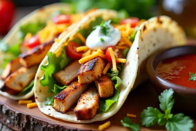 Three chicken tacos with toppings on a wooden board.