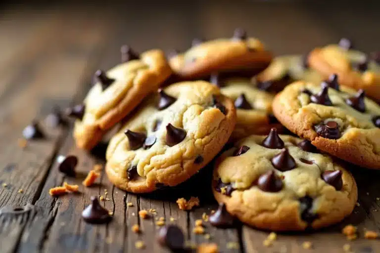 Freshly baked chocolate chip cookies on a wooden table.