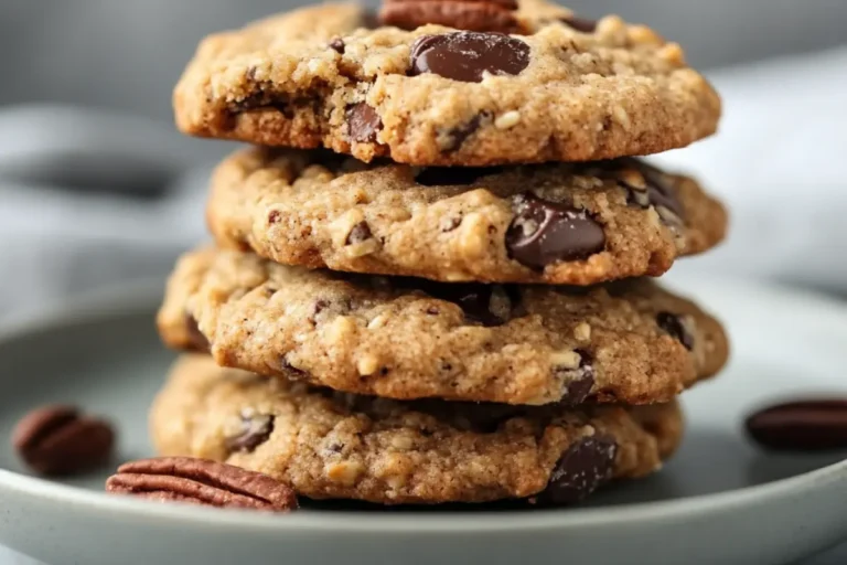 A stack of freshly baked chocolate chip cookies with pecan pieces, placed on a light gray plate. The cookies have a soft and slightly crumbly texture, with visible chocolate chunks.