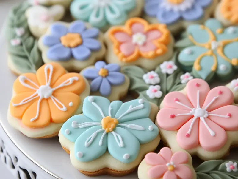 A variety of beautifully decorated flower-shaped sugar cookies, each topped with colorful royal icing in different pastel shades. The cookies are arranged on a white plate with delicate lace-like edges.