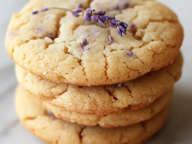 A stack of three lavender-infused sugar cookies, topped with a small sprig of fresh lavender. The cookies have a light golden-brown color with a slightly cracked surface, emphasizing their soft texture.