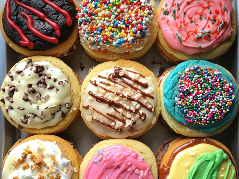 A variety of colorful frosted cookies arranged in a tray, each topped with unique decorations like sprinkles, chocolate drizzle, and vibrant icing in different colors. The cookies showcase a playful mix of flavors and creative toppings.