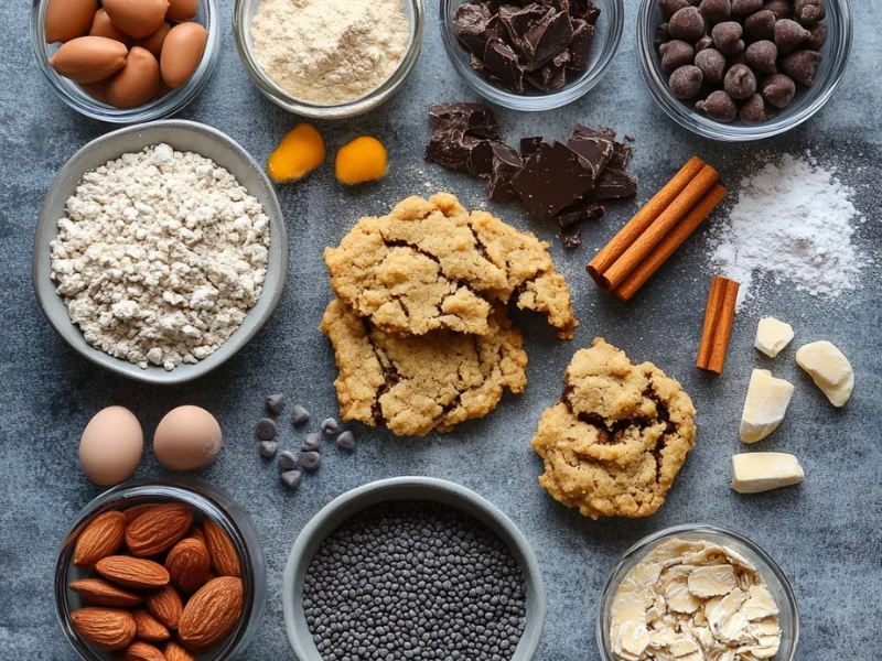 A flat lay of baking ingredients arranged on a gray countertop, featuring flour, chocolate pieces, chocolate chips, cinnamon sticks, eggs, almonds, oats, and freshly baked cookies in the center. The ingredients are neatly placed in bowls and arranged around the cookies.