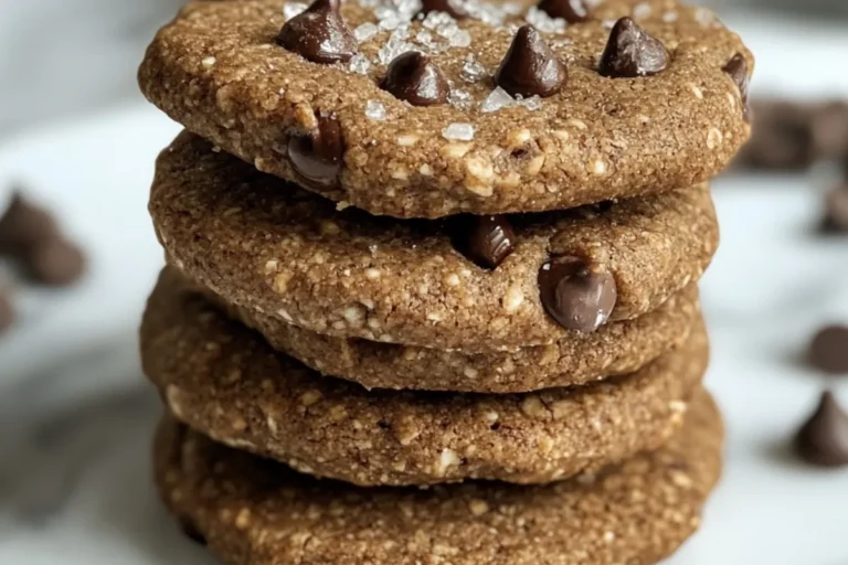 A stack of chocolate chip cookies with a rustic texture, topped with chocolate chips and a sprinkle of sea salt. The cookies have a rich, dark brown color and appear chewy and flavorful.