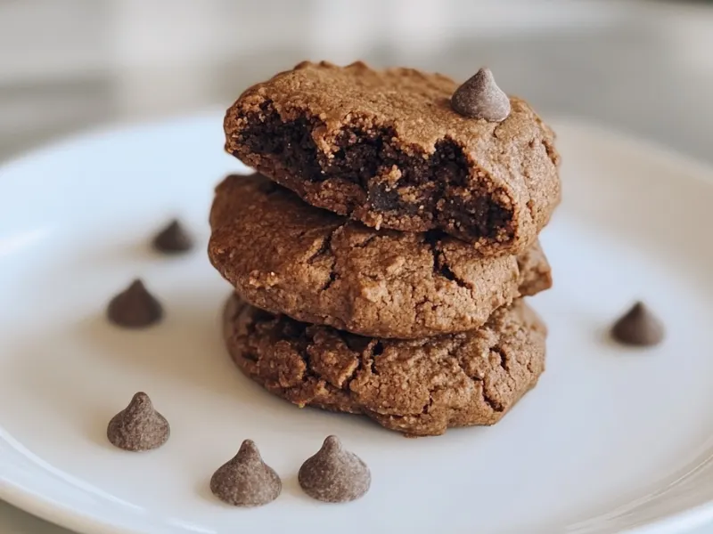 A stack of three chocolate cookies on a white plate, with the top cookie showing a bite taken out to reveal a soft interior. Chocolate chips are scattered around the plate, adding to the presentation.