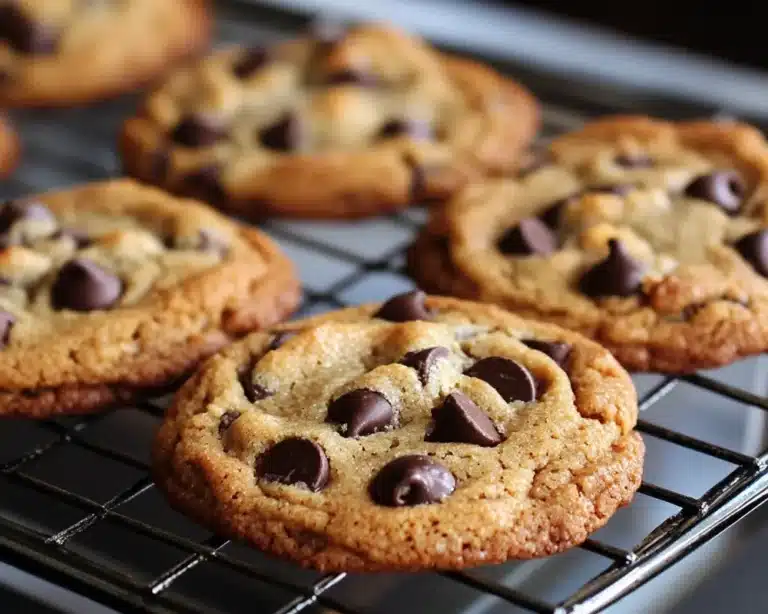 Freshly baked chocolate chip cookies cooling on a wire rack, with melted chocolate chips on top and a golden brown finish.