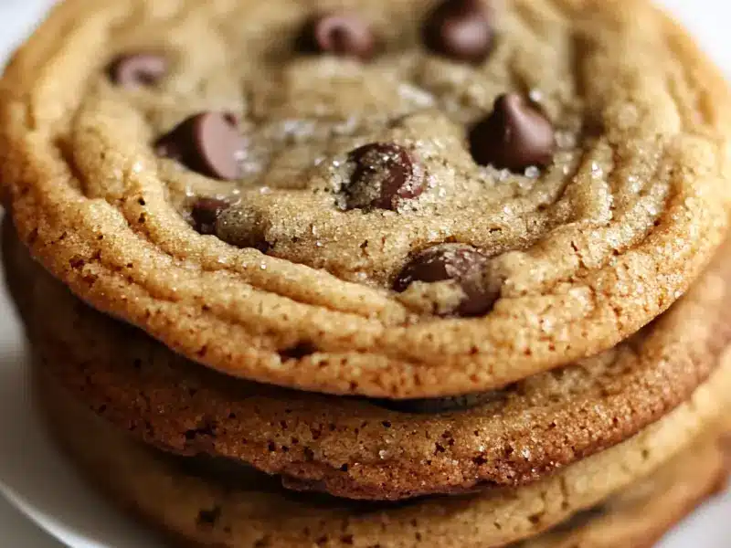 A stack of three freshly baked chocolate chip cookies, golden brown with slightly melted chocolate chips, placed on a piece of parchment paper.