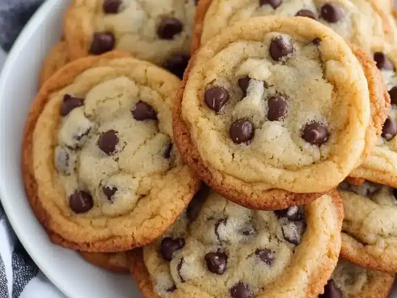 A plate of freshly baked chocolate chip cookies, golden brown with melted chocolate chips, displayed on a white plate with a striped cloth underneath.