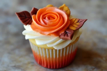An elegantly decorated cupcake featuring a vibrant orange buttercream rose on top, surrounded by autumn-themed fondant leaves in shades of brown and gold, sitting on a gradient orange and yellow cupcake liner, perfect for a fall-themed treat.