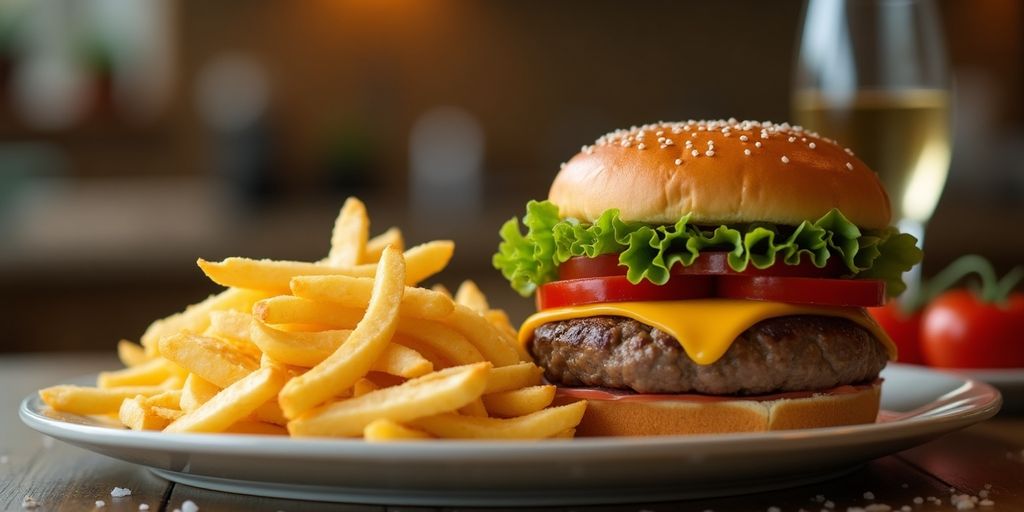 Crispy fries with a juicy hamburger on a plate.