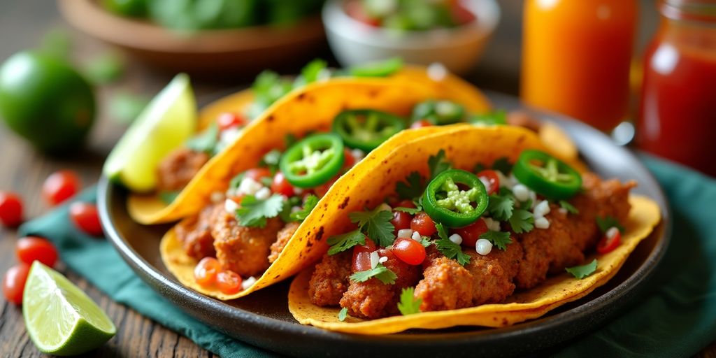 Colorful spicy chicken tacos with toppings on a plate.