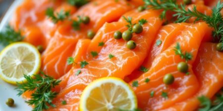 Vibrant platter of cold smoked salmon with garnishes.