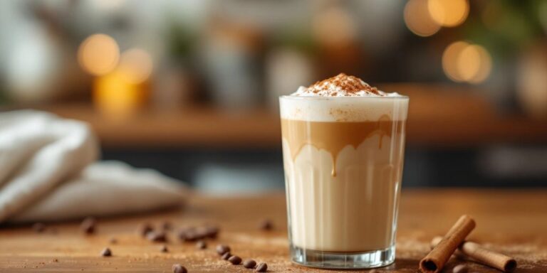 Dirty chai latte in a glass with frothy milk.