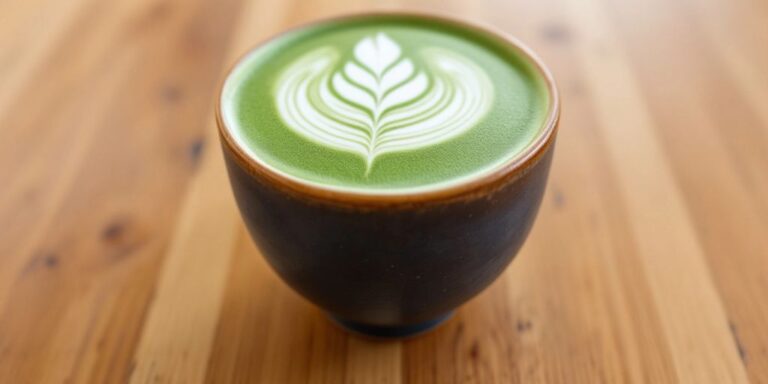 Close-up of a matcha latte in a ceramic cup.