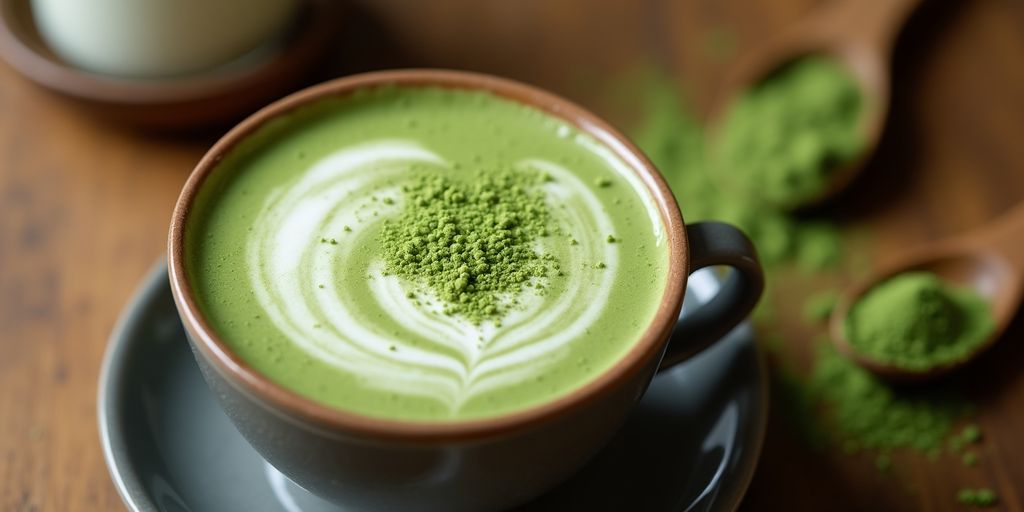 Matcha latte with frothy milk in a ceramic cup.