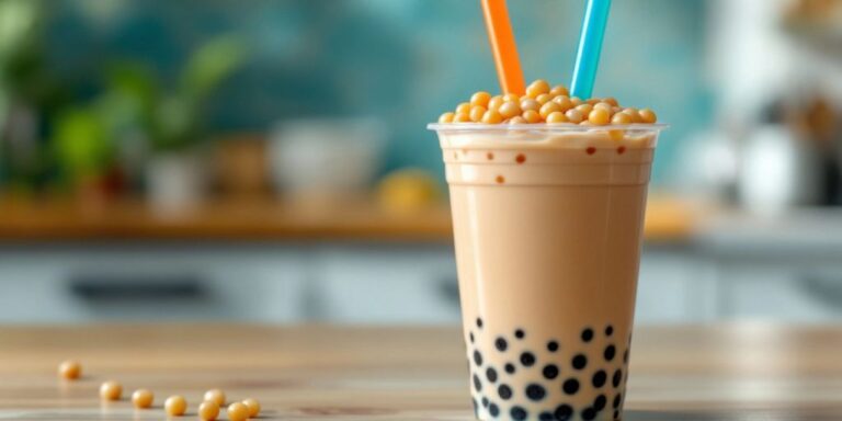 Close-up of boba milk tea with tapioca pearls.