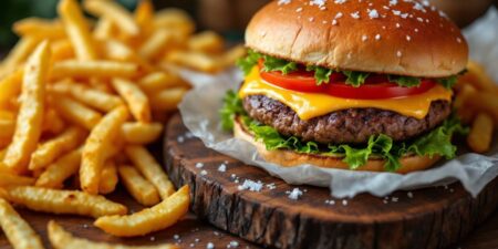 Juicy hamburger and golden fries on a wooden table.