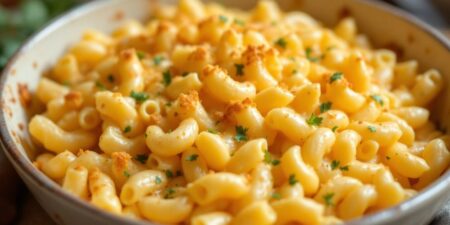 Creamy baked macaroni and cheese in a rustic dish.