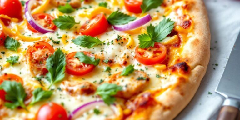 Low-carb chicken pizza crust with colorful toppings.