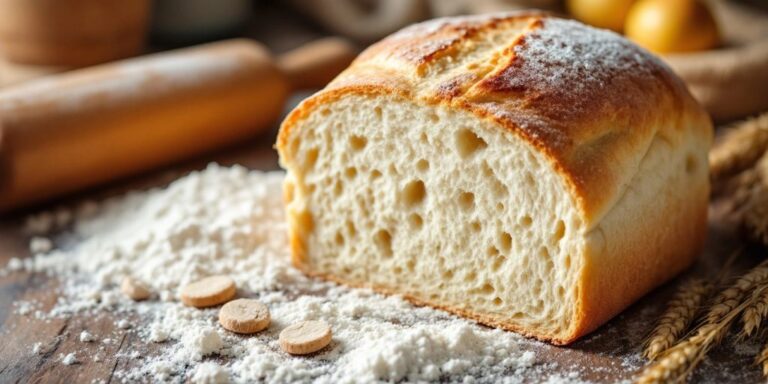 Freshly baked loaf of bread on a wooden table.