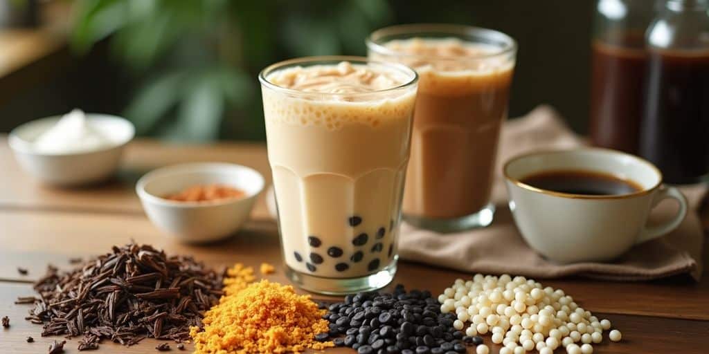 Ingredients for homemade boba milk tea on table.