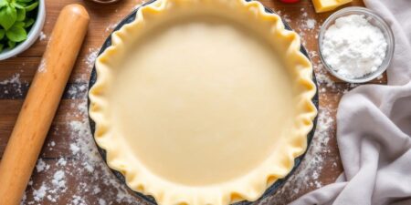 Golden brown pie crust on a wooden table with ingredients.