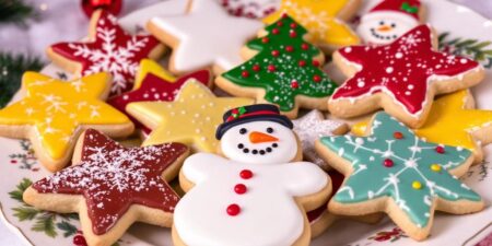 Festive holiday cookies in various shapes and colors.