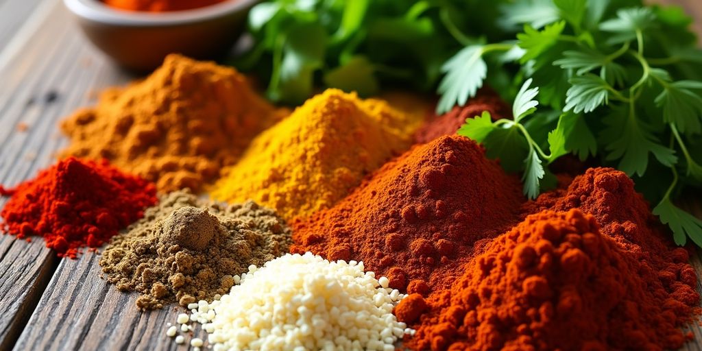 Colorful spices for homemade chicken taco seasoning.