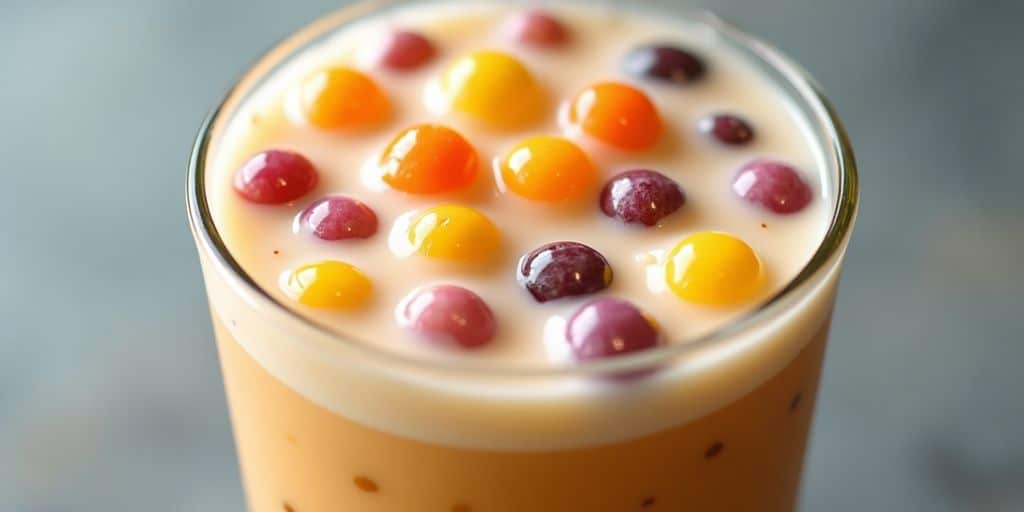 Close-up of boba milk tea with tapioca pearls.