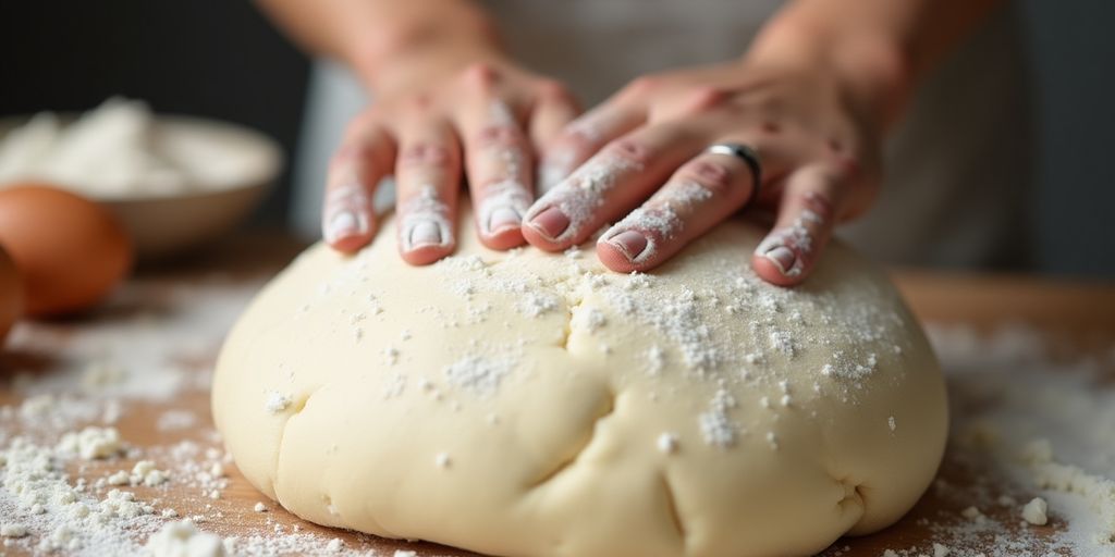 Freshly kneaded bread dough on a wooden surface.