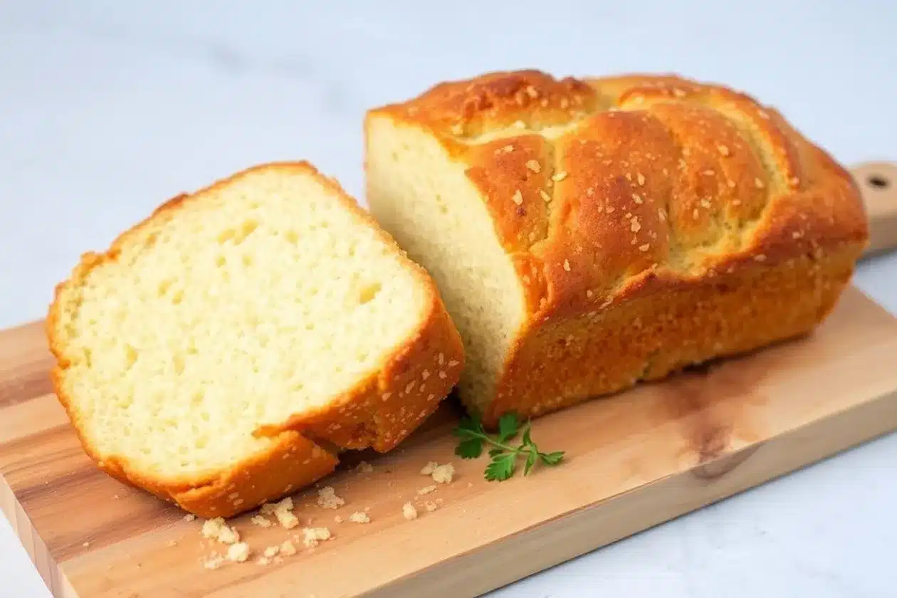 Golden homemade bread sliced on a wooden cutting board, with a sprinkle of salt and a touch of greenery in the background.