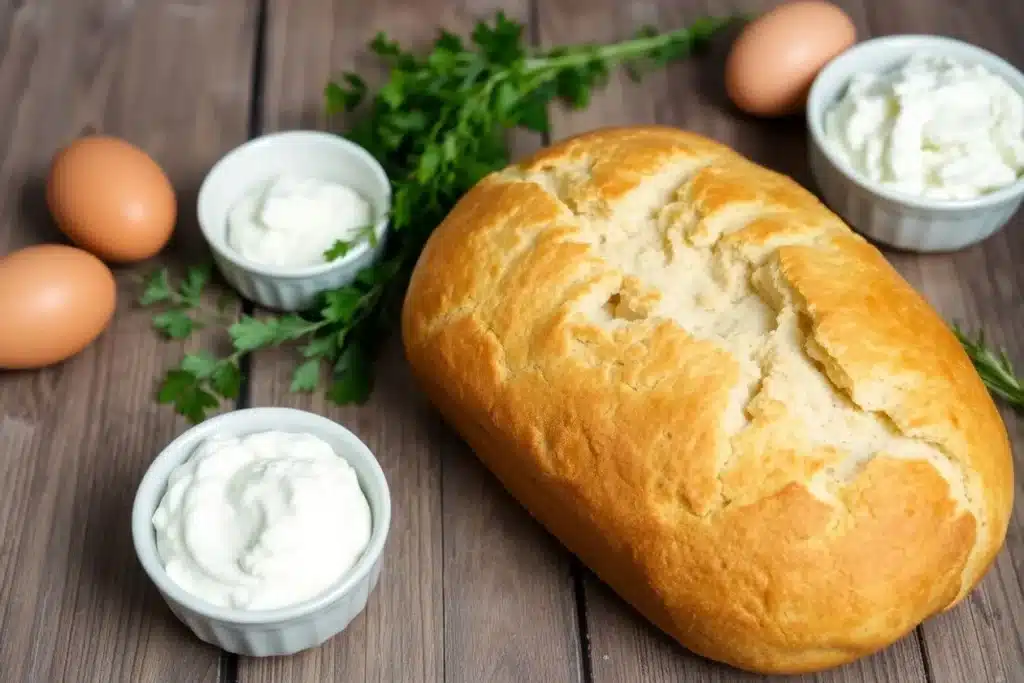 Golden loaf of bread on a wooden table surrounded by fresh eggs, small bowls of creamy yogurt, and sprigs of fresh parsley.