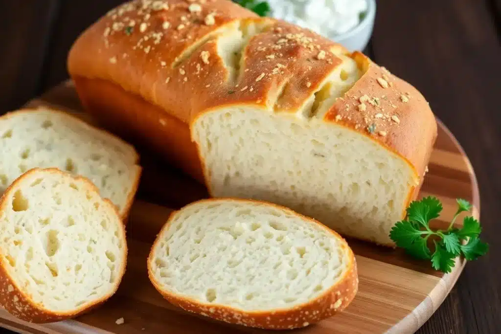 Sliced loaf of freshly baked bread on a wooden cutting board, garnished with herbs and sprinkled with crumbs, with a small parsley sprig on the side.