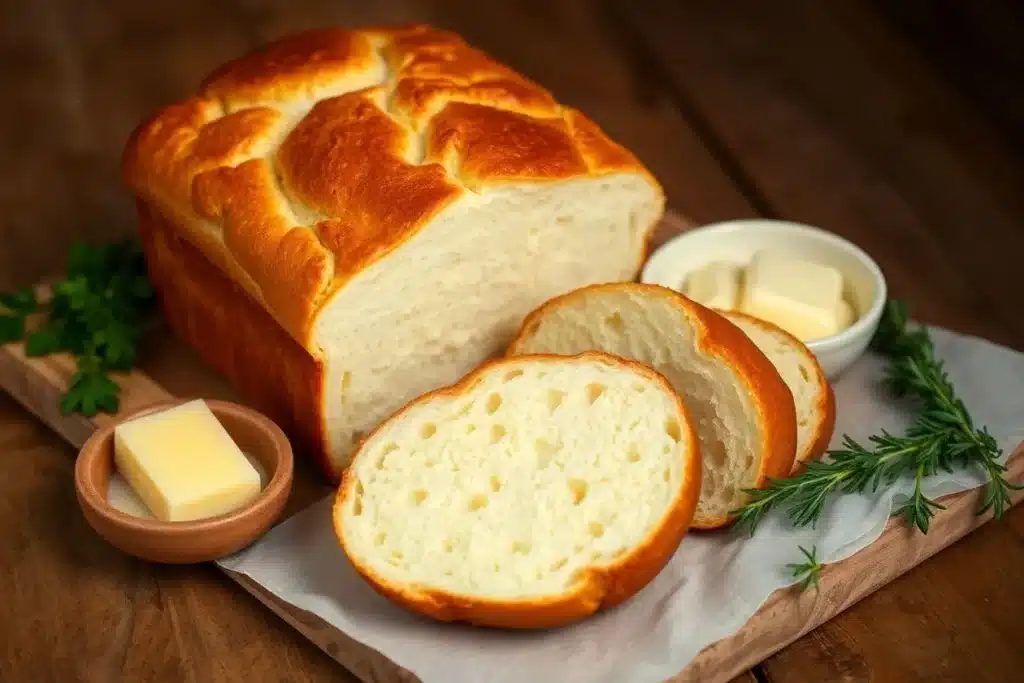 Freshly baked loaf of bread sliced on a wooden cutting board, accompanied by butter pieces in small dishes and garnished with fresh rosemary and parsley.