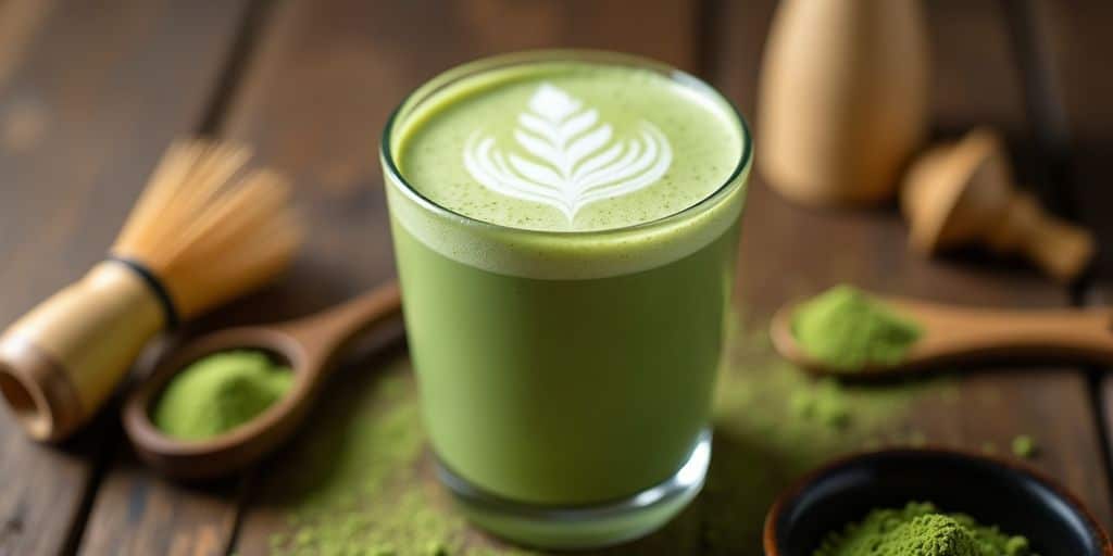 Matcha latte with whisk and matcha powder on wood.