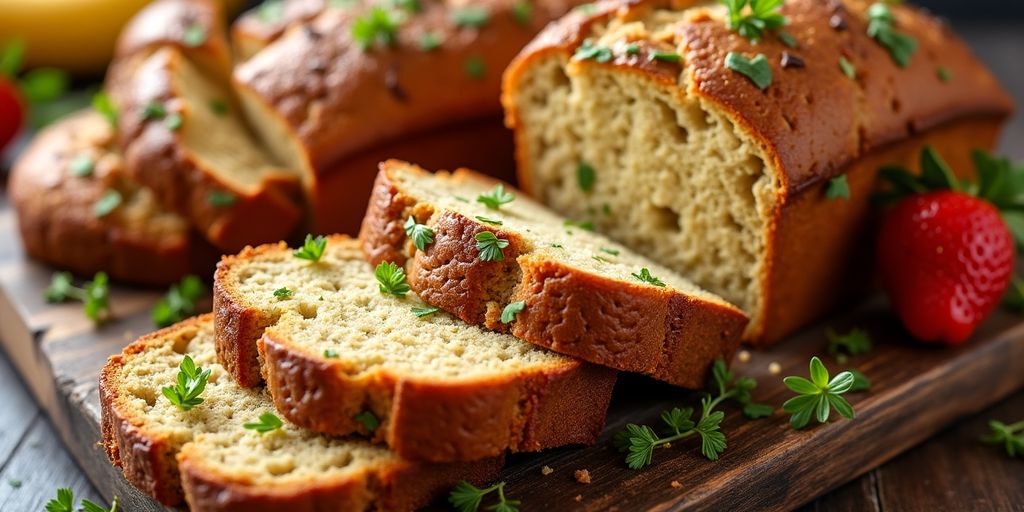 Freshly baked quick breads on a wooden board.