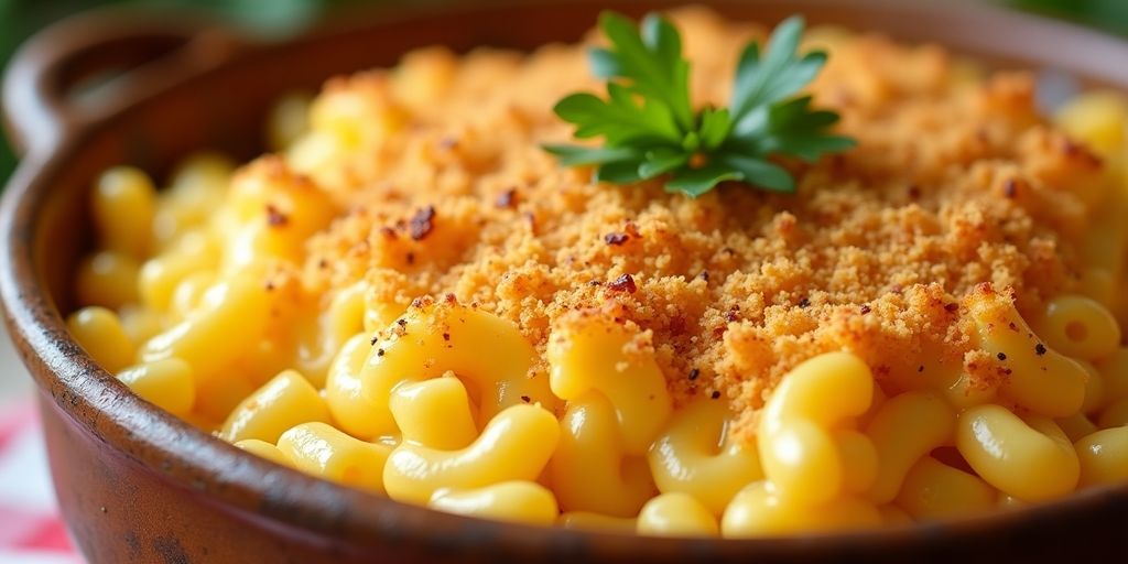 Golden-brown baked macaroni and cheese in a dish.